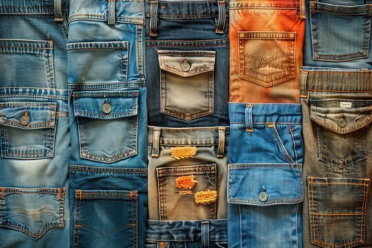 A close-up image showing the back pockets of various blue jeans