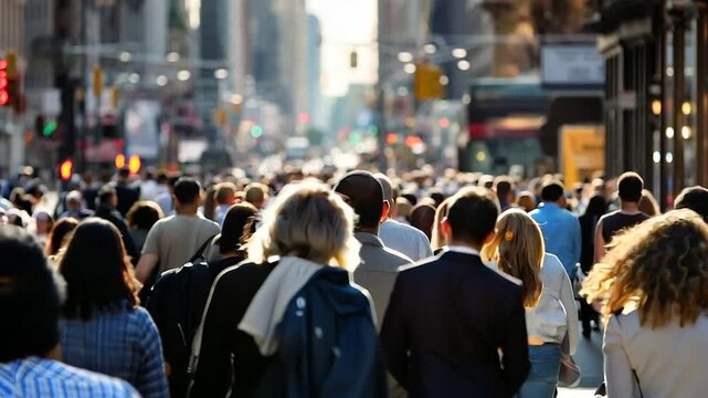 Crowd of people walking city street