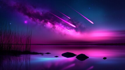 landscape with lake and meteor shower in the  bright pink sky. 