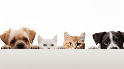 Obraz premium Lovely Cute dog puppy and tiny kitten looks above empty white banner. Isolated on a white background, copy space, Pet , Animal , Pet shop.