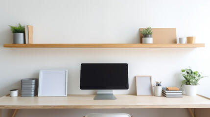 Fototapeta premium Clean Workspace with Monitor, Shelving, and Minimalist Decor