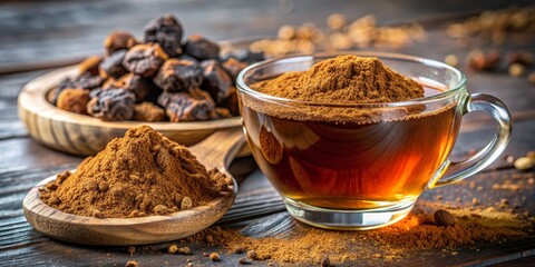 Chaga Mushroom Tea in a Glass Cup, Powder and Whole Pieces on a Wooden Background, chaga , mushroom , tea , medicinal