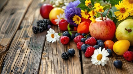 Fototapeta premium Fresh and pleasant display of juicy fruit on a wooden table, surrounded by colorful flowers and fresh berries, with space for advertisements.