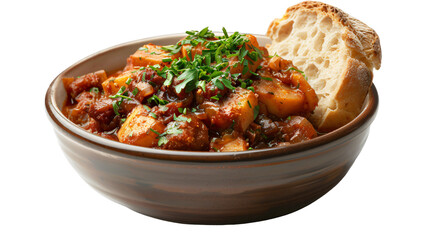 Fototapeta premium Tasty bowl of veggie stew topped with some fresh parsley and a side of bread