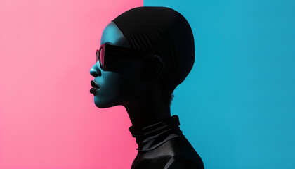 Stylish woman with headscarf and sunglasses in profile, set against a split pink and blue background.
