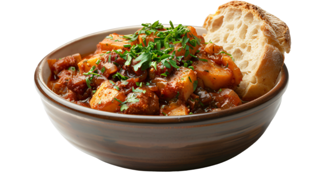 Tasty bowl of veggie stew topped with some fresh parsley and a side of bread