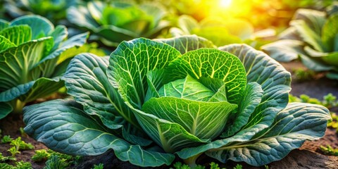 Obraz premium Close-up of a Cabbage Head in a Field, Lush Green Foliage, Sunlight, Natural Background, Cabbage, Vegetables, Farming