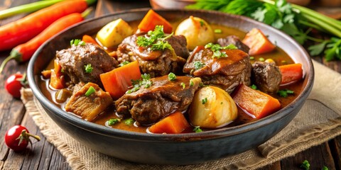 Close-up of a Rustic Beef Stew with Vegetables in a Black Bowl, Rustic Wood Table, Beef Stew, Stew Recipe, Beef Dinner, Comfort Food