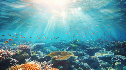 Underwater Coral Reef with Colorful Fish and Sunbeams.