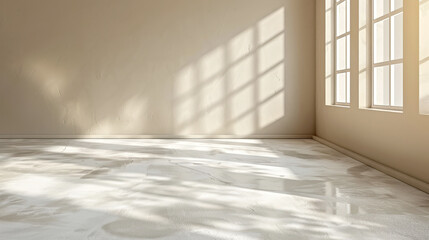Sunlit Minimalist Empty Room with Large Windows and Concrete Floor, Peaceful and Bright Interior Scene