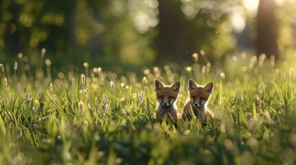 Obraz premium Two Red Fox Kits Hiding in Tall Grass.