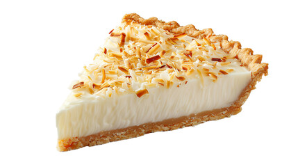 Zoomed-in view of a piece of coconut cream pie with crispy coconut shavings on a clear backdrop