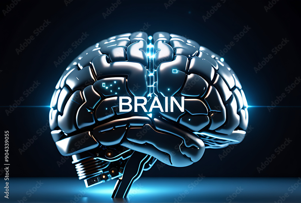 Poster futuristic brain glowing ai text represents digital artificial intelligence highlighting technology 