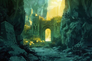 Fototapeta premium Ancient overgrown temple ruins in a mystical forest with a bright light shining through the archway