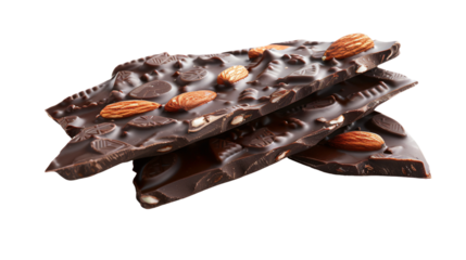 Dark chocolate bark with whole almonds, isolated on a transparent background