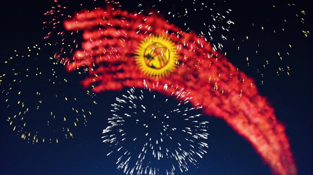 Kyrgyzstan holiday banner template. Fireworks kyrgyz flag on dark sky background. Kyrgyz national holiday. Kyrgyzstan flag fireworks. Template, place for text, copy space. Animated greeting card
