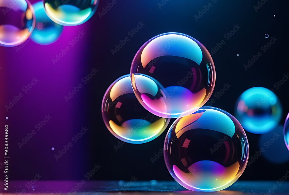 Poster neon background features iridescent soap bubbles various sizes colors light effects create festive a