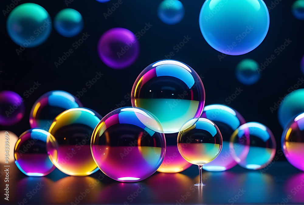 Poster neon background features iridescent soap bubbles various sizes colors light effects create festive a