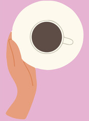 Flat vector illustration of hand holding white saucer and cup. Top view of crockery with hot drink.
