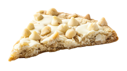 Detailed close-up of a slice of white chocolate chip cookie, showcasing its texture and toppings
