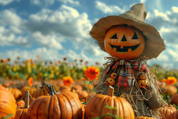 Naklejka premium Scarecrow standing in a pumpkin patch