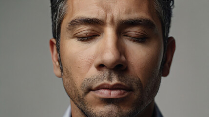 Fototapeta premium Man meditating closed eyes outdoors for calm, peace and is mindful . Person, relaxed male 