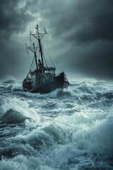Obraz premium A ship is in the middle of a stormy sea. The waves are crashing against the boat, and the sky is dark and cloudy. Scene is tense and dramatic, as the ship struggles to stay afloat in the rough waters