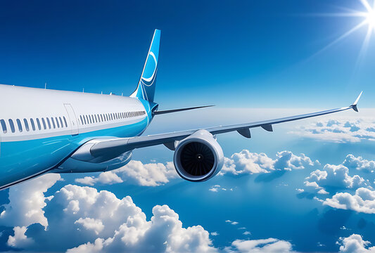 airplane flying blue sky clouds ideal promoting travel tourism airline services banner text space