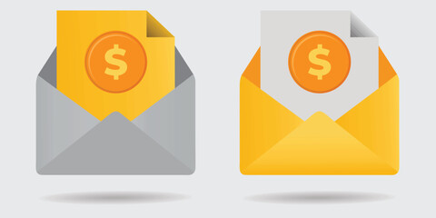 Money in envelope logo design. Cash letter. American dollar money lies on a dark gray and yellow envelope vector design