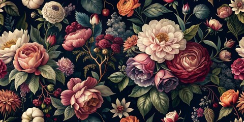 Fototapeta premium Floral Tapestry Dark Background with Detailed Pink, Red, and White Flowers, seamless pattern , floral art , botanical illustration , vintage flowers