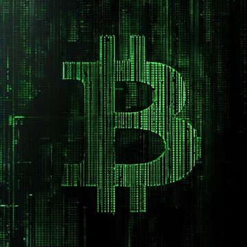 Bitcoin Logo Composed of Green Binary Data