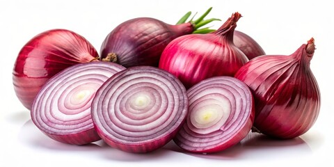 Fresh Red Onions Isolated on White Background, Food Photography , Onion , Vegetable , Red Onion , White Background