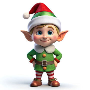 Cute little elf in green suit and cap in 3d style, on white background