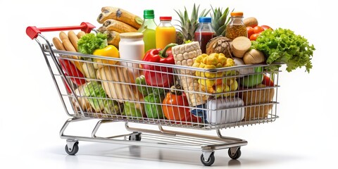 Full Shopping Cart of Fresh Produce and Groceries, White Background, Shopping, Groceries, Food, Supermarket