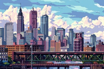 Obraz premium The skyline of a big town as a jump and run game from the 90s.