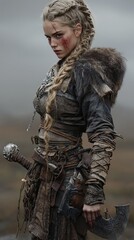 Naklejka premium a blonde viking woman with armor and weapons in a dynamic pose