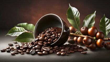 Obraz premium Roasted coffee beans spilling from a glossy black cup onto a textured surface