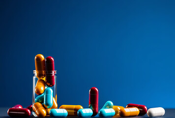 levitating multicolored tablets capsules blue background space text