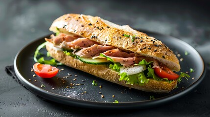Sandwich with tuna isolated on a black plate under studio lighting