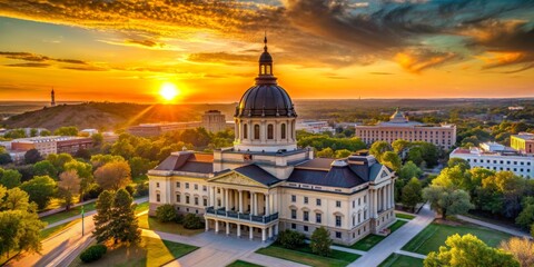 Fototapeta premium Golden Hour Over the State Capitol, Aerial View, Sunrise, Architecture, Government Building, Capital City, Landmark