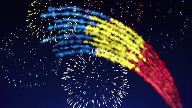 Romania holiday banner template. Fireworks romanian flag on dark sky background. Romanian national holiday. Romania flag fireworks. Template, place for text, copy space. Animated greeting card