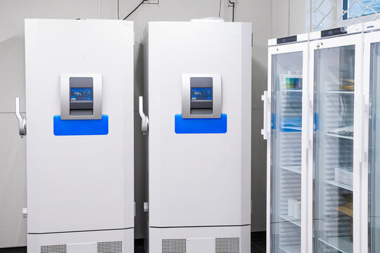 Industrial freezer maintaining -80 C for sample storage before chemical or biochemical testing