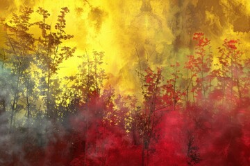 Obraz premium Background with fire red saturated autumn season foggy forest landscape. Background with bright yellow red forest trees.