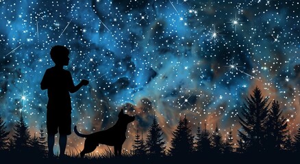 Fototapeta premium Illustration of a cartoon boy with a magic kite, but in the real world as a silhouette photo manipulation