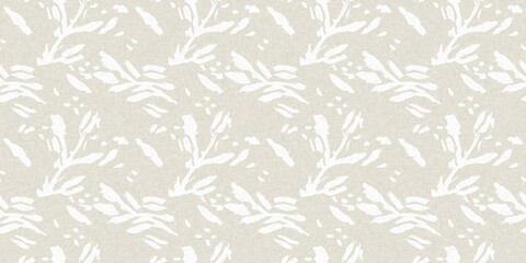 Seamless french gender neutral floral linen printed fabric border background. Light mottled white on grey cottage core block print pattern. Shabby chic woven duotone cloth effect. 