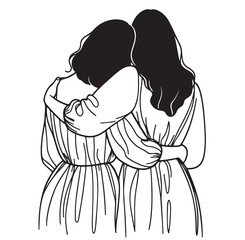 Woman hugs her friend other woman, line art. Support