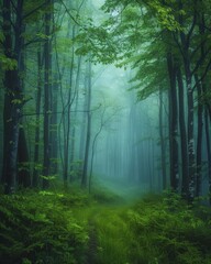 Obraz premium Fantasy spooky forest landscape in fog. Fairy tale trail in foggy forest