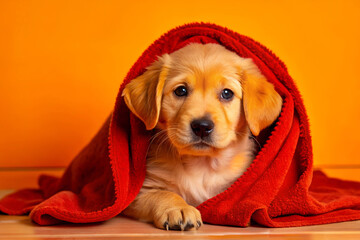 Cute puppy in red towel after bathing, pet, grooming, orange background
