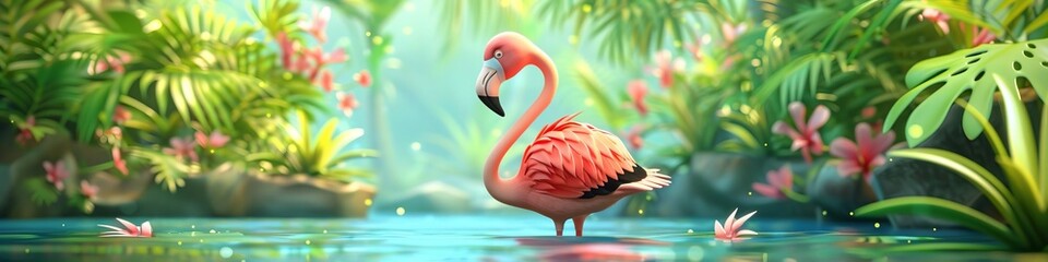 Naklejka premium 3d cartoon flamingo in water.