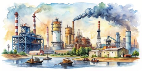 Industrial Riverfront Watercolor, Watercolor Painting, Industrial Landscape, Smoke, River, factory, river